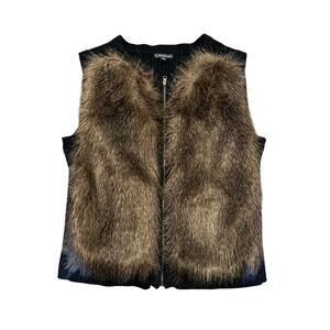 Adrianna Papell Faux Fur Front Knit Vest Black/Brown Size L MobWife QuietLuxury